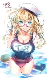 Rule 34 | 10s, 1girl, adjusting eyewear, arm behind back, bad id, bad pixiv id, bare shoulders, beret, blonde hair, blue eyes, book, breasts, character name, cleavage, glasses, hat, i-8 (kancolle), kantai collection, large breasts, long hair, looking at viewer, one-piece swimsuit, partially submerged, puuko (iberiko neko), school swimsuit, smile, soaking feet, solo, swimsuit, twitter username, wading, water, white background