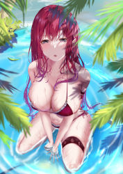 Rule 34 | 1girl, absurdres, arm strap, between legs, bikini, breasts, cleavage, collarbone, earrings, baobhan sith (fate), fate/grand order, fate (series), hair between eyes, half-closed eyes, hand between legs, highres, jewelry, large breasts, leaf, long hair, looking at viewer, navel, outdoors, partially submerged, red bikini, red hair, ripples, side-tie bikini bottom, sitting, solo, string bikini, sunlight, swimsuit, thigh strap, toukaiseiya, wariza, wet, wet hair