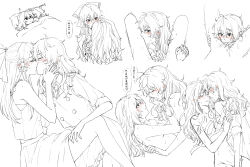 Rule 34 | 2girls, ?, bare arms, blush, braid, closed eyes, commentary, cunnilingus, finger in another&#039;s mouth, fingering, greyscale, hair tubes, hakurei reimu, hand on another&#039;s face, hand on another&#039;s head, hand on another&#039;s thigh, highres, hitte5416, holding hands, interlocked fingers, kirisame marisa, kiss, long hair, looking at another, monochrome, multiple girls, nude, off shoulder, oral, parted lips, pillow, pussy juice, shirt, side braid, sleeveless, sleeveless shirt, sleeves rolled up, speech bubble, spot color, sweat, tears, tongue, tongue out, touhou, translation request, under covers, vaginal, yuri, zzz