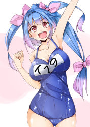 Rule 34 | 10s, 1girl, arm up, armpits, bare shoulders, blue hair, breasts, cleavage, female focus, gaichi, hair ribbon, i-19 (kancolle), kantai collection, large breasts, long hair, name tag, navel, one-piece swimsuit, open mouth, red eyes, ribbon, school swimsuit, simple background, solo, swimsuit, symbol-shaped pupils, twintails, very long hair