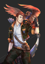 Rule 34 | 1boy, aa26748374, animal, belt, bird, blue eyes, bow, bow (weapon), camouflage, camouflage jacket, camouflage pants, collared shirt, eddie (gyee), feet out of frame, grey background, gyee, hawk, highres, jacket, leather, leather bag, leather belt, looking at another, male focus, mature male, open clothes, open jacket, pants, scarf, shirt, short hair, simple background, smirk, spiked hair, teeth, weapon