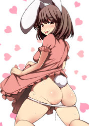 Rule 34 | 1girl, :p, animal ears, ass, blush, breasts, brown hair, cum, cumdrip, female focus, heart, inaba tewi, ippongui, large breasts, looking at viewer, naughty face, panties, panty pull, pussy juice, rabbit ears, rabbit girl, rabbit tail, red eyes, short hair, solo, sweat, tail, tongue, tongue out, touhou, underwear, white panties