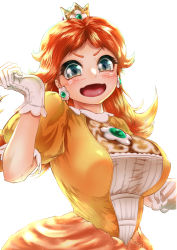 Rule 34 | 1girl, blue eyes, blush, breasts, bro.you-yan, brooch, crown, dress, earrings, eyelashes, flipped hair, flower earrings, gloves, hands up, highres, jewelry, large breasts, looking at viewer, mario (series), medium hair, nintendo, open mouth, orange dress, orange hair, parted bangs, princess, princess daisy, puffy short sleeves, puffy sleeves, short sleeves, simple background, solo, super mario land, taut clothes, taut dress, upper body, v-shaped eyebrows, white background, white gloves, yellow dress