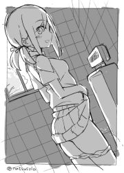 Rule 34 | 1girl, :d, blush, breasts, clothes lift, day, dutch angle, greyscale, hair between eyes, hatsunatsu, indoors, lifting own clothes, long hair, looking at viewer, looking to the side, low twintails, monochrome, open mouth, original, panties, panty pull, pee, peeing, pleated skirt, profile, school uniform, shirt, short sleeves, sidelocks, sketch, skirt, skirt lift, small breasts, smile, solo, standing, sweater vest, tile wall, tiles, tree, twintails, twitter username, underwear, window