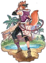 Rule 34 | animal ears, artist request, bandana, boots, braid, braided ponytail, coconut, coconut tree, crate, ein (mahjong soul), facial hair, facial mark, fox ears, fox tail, game cg, grass, grin, highres, holding, holding polearm, holding weapon, jacket, leaf, looking back, mahjong, mahjong soul, official art, orange hair, palm tree, plant, polearm, pond, purple jacket, simple background, smile, solo, spear, tail, tenbou, third-party source, transparent background, tree, water, weapon, yellow eyes