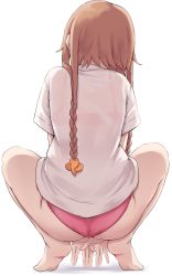 Rule 34 | 1girl, absurdres, ass, barefoot, braid, brown hair, from behind, hair ornament, highres, kantai collection, kiritto, long hair, no pants, panties, propeller hair ornament, red panties, shirt, short sleeves, simple background, solo, t-shirt, teruzuki (kancolle), twin braids, underwear, white background, white shirt