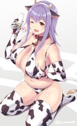 Rule 34 | 1girl, ;d, animal ears, animal print, bell, bikini, blush, bottle, breasts, brown eyes, cleavage, collar, collarbone, commentary request, cow ears, cow girl, cow horns, cow print, cow print bikini, elbow gloves, fake animal ears, fake horns, gloves, grabbing own breast, heart, highres, holding, holding bottle, horns, large breasts, long hair, looking at viewer, milk bottle, navel, no shoes, one eye closed, open mouth, original, print bikini, print gloves, print thighhighs, purple hair, red collar, saemon (tonpura), seiza, signature, sitting, skindentation, smile, solo, spoken heart, swimsuit, tail, thighhighs, thighs