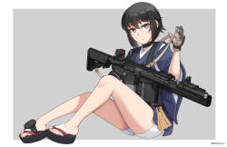 Rule 34 | 1girl, black footwear, black gloves, black hair, blue kimono, brown gloves, closed mouth, commentary, feet, full body, gloves, grey background, grey eyes, gun, hair between eyes, hand up, highres, holding, holding gun, holding weapon, japanese clothes, kimono, knees up, legs, lewis machine and tool company, long sleeves, looking at viewer, ndtwofives, original, sandals, short shorts, shorts, solo, toenails, toes, twitter username, two-tone background, weapon, weapon request, white background, white shorts, wide sleeves, zouri