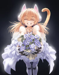 1girl absurdres android animal_ears betty_(neural_cloud) betty_(tales_of_the_night_cat)_(neural_cloud) blonde_hair bouquet cat_ears cat_tail chtv clenched_teeth closed_eyes commentary crying dress english_commentary facing_viewer fake_animal_ears fangs flower foreshortening girls&#039;_frontline girls&#039;_frontline_neural_cloud hair_between_eyes highres holding holding_bouquet idw_(girls&#039;_frontline) long_hair mechanical_arms mechanical_ears mechanical_legs official_alternate_costume reaching reaching_towards_viewer simple_background solo tail tears teeth wedding_dress white_dress