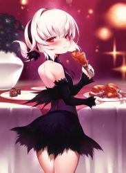 Rule 34 | back, black dress, blush, cake, chicken leg, detached sleeves, dress, eating, food, hairband, long hair, looking at viewer, m-da s-tarou, plant, plate, red eyes, solo, tanaka the wizard, white hair