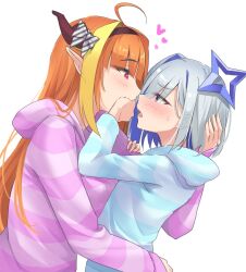 Rule 34 | 2girls, ahoge, amane kanata, blonde hair, blue hair, blush, bow, colored inner hair, commentary request, covering another&#039;s mouth, diagonal-striped bow, dragon girl, dragon horns, fang, from behind, grey hair, halo, hand over another&#039;s mouth, heart, highres, hololive, hood, hoodie, horn bow, horn ornament, horns, kiryu coco, long hair, long sleeves, multicolored hair, multiple girls, orange hair, pajamas, purple eyes, shirt, short hair, skin fang, star halo, streaked hair, striped clothes, striped shirt, sumi tsuki, sweat, two-tone, upper body, virtual youtuber, white background, yuri