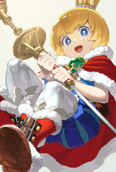 Rule 34 | + +, 1boy, :d, absurdres, blonde hair, blue shorts, bowl cut, bright pupils, brown footwear, cape, etrian odyssey, floating, fur cape, fur trim, gold, happy, highres, holding, holding staff, holding weapon, light, looking down, mya-zawa, open mouth, polearm, prince (sekaiju), prince 1 (sekaiju), puffy shorts, red cape, red footwear, sekaiju no meikyuu, sekaiju no meikyuu 3, shoe soles, short hair, shorts, smile, socks, solo, staff, tareme, weapon, white pupils, white socks