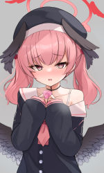 Rule 34 | 1girl, beret, black hat, black wings, blue archive, blush, collarbone, commentary request, condom, condom wrapper, feathered wings, halo, hat, head wings, highres, holding, holding condom, koharu (blue archive), mitsumine raimu, neckerchief, off shoulder, parted lips, pink eyes, pink hair, pink neckerchief, simple background, sleeves past wrists, solo, twintails, wings