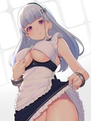 Rule 34 | 1girl, apron, azur lane, bare shoulders, black dress, black hairband, blush, breasts, clothing cutout, commentary request, dido (azur lane), dress, earrings, frills, from below, hairband, jewelry, large breasts, long hair, looking at viewer, maid, maid apron, mikan (chipstar182), no panties, pink eyes, silver hair, sleeveless, solo, underboob, underboob cutout, waist apron, white apron