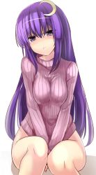 Rule 34 | 1girl, alternate costume, between legs, blush, bottomless, breasts, crescent, crescent hair ornament, full-face blush, hair ornament, hand between legs, head tilt, janne cherry, long hair, long sleeves, looking at viewer, md5 mismatch, medium breasts, parted lips, patchouli knowledge, purple eyes, purple hair, resized, resolution mismatch, ribbed sweater, simple background, sitting, solo, source smaller, sweater, touhou, turtleneck, upscaled, v arms, white background