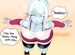 Rule 34 | bike shorts, blue skin, colored skin, cyana, food, food in mouth, looking up, nail polish, p.m. seymour, pocky, star eyes, sweater, text focus, white hair