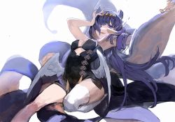 Rule 34 | 1girl, bare shoulders, black dress, cutout above navel, dress, foot out of frame, from below, hair over one eye, hand on own head, headpiece, hololive, hololive english, long hair, looking at viewer, low wings, ninomae ina&#039;nis, ninomae ina&#039;nis (1st costume), one eye covered, open mouth, pekopeco, purple eyes, purple hair, simple background, single thighhigh, smile, solo, strapless, strapless dress, tentacles, thighhighs, thighs, virtual youtuber, white background, white thighhighs, wings
