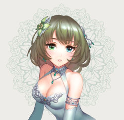 Rule 34 | 1girl, armlet, blue eyes, breasts, cleavage, detached sleeves, flower, green eyes, green flower, green hair, grey background, hair flower, hair ornament, heterochromia, idolmaster, idolmaster cinderella girls, idolmaster cinderella girls starlight stage, jewelry, large breasts, long hair, looking at viewer, mole, mole under eye, necklace, parted lips, redamon, simple background, smile, solo, takagaki kaede, upper body