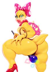 Rule 34 | 1girl, ass, blue eyes, bow, bracelet, female focus, furry, furry female, high heels, jewelry, koopalings, lips, mario (series), modeseven, necklace, nintendo, ribbon, simple background, solo, spikes, staff, tail, thick lips, turtle shell, wendy o. koopa
