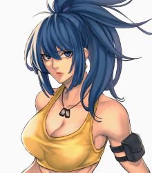 Rule 34 | 1girl, armlet, bare shoulders, blue eyes, blue hair, breasts, cleavage, dog tags, high ponytail, ktovhinao, leona heidern, long hair, looking at viewer, ponytail, pouch, simple background, solo, tank top, the king of fighters, the king of fighters xiv, the king of fighters xv, white background, yellow tank top