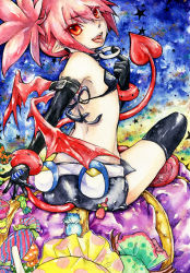 Rule 34 | 1girl, bare shoulders, black gloves, candy, choker, demon tail, disgaea, earrings, etna (disgaea), flat chest, food, gloves, highres, jewelry, long hair, looking back, makai senki disgaea, navel, pointy ears, red eyes, red hair, simple background, sitting, skirt, tail, twintails, wings, woichi