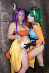 Rule 34 | 2girls, asian, breasts, brown eyes, cameltoe, chouzuki maryou, cosplay, dragon quest, dragon quest iv, green hair, highres, large breasts, minea (dq4), minea (cosplay), multiple girls, photo (medium), plump, purple hair, square enix