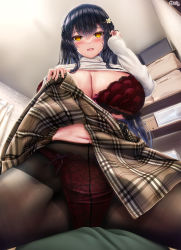 Rule 34 | 1girl, black hair, black pantyhose, blush, bra, breasts, brown skirt, clothes lift, commentary request, crotch seam, from below, hair ornament, highres, indoors, large breasts, long sleeves, looking at viewer, navel, original, panties, pantyhose, parted lips, plaid, plaid skirt, red bra, red panties, skirt, skirt lift, smile, solo, sweat, sweater, sweater tucked in, underwear, unohana pochiko, white sweater, yellow eyes