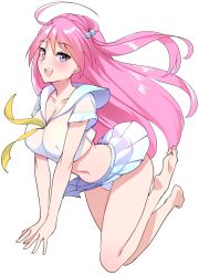 Rule 34 | 1girl, ahoge, barefoot, blue eyes, blush, breasts, character request, covered erect nipples, eve (hatsukoi zombie), hatsukoi zombie, highres, large breasts, long hair, looking at viewer, midriff, open mouth, panties, pantyshot, pink hair, smile, solo, striped clothes, striped panties, tomohiro kai, underwear