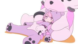 Rule 34 | 1girl, alternate costume, animal costume, bear costume, blush, colored shadow, commentary request, full body, jitome, large teddy bear, lying, on back, open mouth, pink hair, purple eyes, shadow, simple background, solo, stuffed animal, stuffed toy, teddy bear, vocaloid, voiceroid, white background, yamadori seika, yuzuki yukari