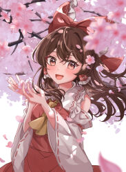 Rule 34 | 1girl, absurdres, ascot, blush, bow, brown eyes, brown hair, cherry blossoms, commentary request, detached sleeves, falling petals, flower, frilled bow, frilled hair tubes, frills, hair bow, hair flower, hair ornament, hair tubes, hakurei reimu, highres, holding, holding flower, ikeyan0677, long hair, open mouth, petals, pink flower, pink petals, red bow, red skirt, ribbon-trimmed sleeves, ribbon trim, skirt, skirt set, smile, solo, touhou, yellow ascot