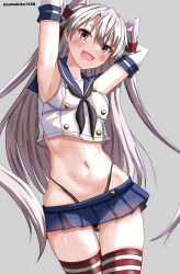 Rule 34 | 1girl, absurdres, amatsukaze (kancolle), armpits, black hairband, black panties, blue sailor collar, blue skirt, blush, brown eyes, cosplay, elbow gloves, gloves, grey background, grey hair, hair tubes, hairband, highleg, highleg panties, highres, kantai collection, long hair, looking at viewer, microskirt, mizuki (uzuki no sato), navel, open mouth, panties, sailor collar, shimakaze (kancolle), shimakaze (kancolle) (cosplay), skirt, solo, striped clothes, striped thighhighs, thighhighs, thighs, twitter username, two side up, underwear, white gloves