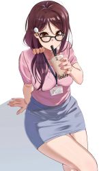 Rule 34 | 1girl, arm support, between breasts, black-framed eyewear, blush, breasts, brown eyes, brown hair, bubble tea, collarbone, commentary request, crossed legs, cup, disposable cup, dress, drinking, drinking straw, from above, glasses, hair ornament, hair over shoulder, hair scrunchie, hairclip, highres, holding, igarashi kyouhei, large breasts, legs, long hair, looking at viewer, love live!, love live! school idol project, love live! sunshine!!, miniskirt, pencil dress, pencil skirt, pink shirt, sakurauchi riko, scrunchie, shadow, shirt, short sleeves, sitting, skirt, solo, strap between breasts, white background
