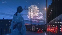 Rule 34 | 1girl, absurdres, aerial fireworks, banishment, black hair, blue kimono, blue sash, building, car, cloud, cloudy sky, commentary request, cowboy shot, facing away, fireworks, floral print, from behind, highres, house, huge filesize, japanese clothes, kimono, lamppost, light, motor vehicle, obi, original, ponytail, power lines, radio antenna, radio tower, railing, reflection, road, sash, scenery, signature, sky, skyline, solo, street, summer, tail lights, twilight, utility pole, yukata