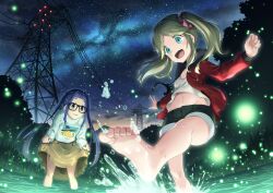 Rule 34 | 2girls, :d, aurora, barefoot, black-framed eyewear, black shorts, blue eyes, blue hair, blunt bangs, blush, blush stickers, brown eyes, closed mouth, commentary, dusk, fang, feet, fireflies, glasses, grass, grin, hair ornament, hair scrunchie, half updo, happy, highres, inuyama akari, jacket, kicking, kuromasu, lake, legs, lifted by self, long hair, long sleeves, looking at another, looking down, mountainous horizon, multiple girls, navel, night, oogaki chiaki, open mouth, outstretched arms, parted bangs, red jacket, red scrunchie, scenery, scrunchie, shirt, short eyebrows, shorts, side ponytail, sidelocks, skirt, sky, smile, soaking feet, soles, splashing, star (sky), starry sky, stomach, thick eyebrows, thighs, toenails, toes, transmission tower, twintails, very long hair, white shirt, yellow skirt, yurucamp