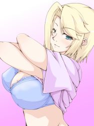 Rule 34 | 1girl, blonde hair, blue bra, blue eyes, bra, breasts, clothes lift, esaki kajin, gradient background, lace, lace-trimmed bra, lace trim, large breasts, looking at viewer, muv-luv, pink background, shirt lift, short hair, solo, stella bremer, underwear