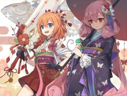 Rule 34 | 2girls, blue eyes, blush, breasts, flower, hair ornament, happy new year, japanese clothes, ketunyan, kimono, muimi (princess connect!), multiple girls, neneka (princess connect!), new year, orange hair, pink hair, princess connect!, small breasts