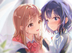 Rule 34 | 2girls, adachi sakura, adachi to shimamura, blue eyes, blue hair, blurry, blurry background, blurry foreground, blush, bow, brown hair, closed mouth, collared shirt, commentary request, depth of field, embarrassed, hand on another&#039;s shoulder, highres, hzs yumu, indoors, long hair, long sleeves, looking at another, looking away, multiple girls, open mouth, red bow, school uniform, shimamura hougetsu, shirt, short hair, sidelocks, white shirt, yuri