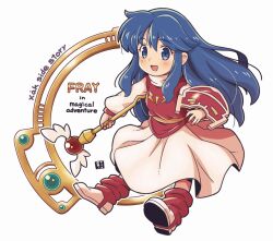 Rule 34 | 1girl, :d, blue eyes, blue hair, commentary, dress, english commentary, english text, freya jerbain, full body, hair between eyes, holding, holding wand, long hair, long sleeves, looking at viewer, mawaru (mawaru), open mouth, puffy long sleeves, puffy sleeves, red socks, shoes, simple background, sleeves past wrists, smile, socks, solo, very long hair, wand, white background, white dress, white footwear, xak