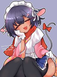 Rule 34 | 1girl, absurdres, animal ears, apron, bow, commission, dark skin, facial mark, hair ornament, hairclip, hand on own cheek, hand on own face, highres, indie virtual youtuber, long sleeves, looking at viewer, maid headdress, mouse ears, mouse girl, mouse tail, open mouth, pleated skirt, purple hair, red eyes, resolution mismatch, ribbon, scarf, short hair, simple background, skeb commission, skirt, smug, solo, source smaller, tail, thighhighs, virtual youtuber, yatra (vtuber)