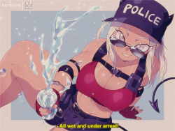 Rule 34 | 1990s (style), 1girl, arm support, belt, black belt, blue hat, blue shorts, bluethebone, bottle, breasts, cleavage, commentary, cuffs, demon girl, demon tail, english commentary, english text, fingerless gloves, gloves, grey eyes, handcuffs, hat, helltaker, highres, holding, holding bottle, justice (helltaker), large breasts, looking at viewer, midriff, patreon username, plastic bottle, police, police uniform, policewoman, red gloves, retro artstyle, short hair, shorts, sitting, smile, solo, subtitled, sunglasses, tail, thighs, uniform, water, water bottle, white hair