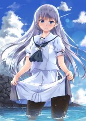 Rule 34 | 1girl, black neckerchief, black pantyhose, blouse, blue eyes, blue sky, blush, closed mouth, cloud, cloudy sky, commentary, contrail, cowboy shot, day, eyelashes, floating hair, grey hair, highres, lens flare, light blush, long hair, looking at viewer, miniskirt, naruse shiroha, neckerchief, non-web source, outdoors, pantyhose, pleated skirt, puffy short sleeves, puffy sleeves, sailor collar, school uniform, shirt, short sleeves, skirt, skirt hold, sky, smile, solo, standing, summer pockets, tsurime, unasaka ryou, very long hair, wading, water, water drop, white sailor collar, white shirt, white skirt