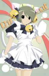 Rule 34 | 1girl, animal ears, animal hat, apron, bell, black dress, black ribbon, bow, cat ears, cat hat, character name, closed mouth, dejiko, di gi charat, dress, fake animal ears, female focus, frilled apron, frills, gloves, green eyes, green hair, hair bell, hair ornament, hair ribbon, hat, jingle bell, light smile, looking at viewer, maid, maid apron, matching hair/eyes, monamonamax, neck bell, puffy short sleeves, puffy sleeves, ribbon, short hair, short sleeves, sleeve cuffs, smile, solo, tail, white apron, white gloves, white hat, white tail