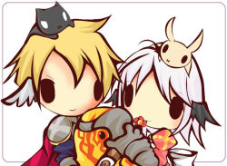 1boy 1girl 2000s_(style) animal animal_on_head armor barding bird black_wings blonde_hair cape cat cat_on_head chibi chibi_only closed_mouth commentary_request dress feathered_wings flower flower_in_mouth grey_hair head_wings high_priest_(ragnarok_online) juliet_sleeves long_sleeves looking_at_viewer lord_knight_(ragnarok_online) on_head pauldrons peco_peco pink_dress puffy_sleeves rabbit rabbit_on_head ragnarok_online red_cape red_flower short_hair shoulder_armor simple_background smile solid_oval_eyes upper_body white_background wings yu_(lilacxx)