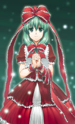 Rule 34 | 1girl, adapted costume, bow, dress, female focus, frills, front ponytail, green background, green eyes, green hair, hair bow, hair ornament, hair ribbon, own hands clasped, henshako, kagiyama hina, light particles, long hair, looking at viewer, matching hair/eyes, own hands together, red dress, ribbon, smile, solo, touhou