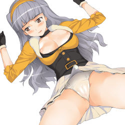 Rule 34 | 00s, 1girl, 961 production, a1 (initial-g), absurdres, breasts, clothes lift, female focus, hairband, highres, idolmaster, idolmaster (classic), long hair, nipple slip, nipples, panties, shijou takane, simple background, skirt, skirt lift, solo, underwear, white background