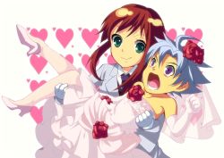 Rule 34 | 1boy, 1girl, ahoge, brown hair, carrying, corsage, couple, crossdressing, dress, elbow gloves, embarrassed, enoo, flower, formal, gloves, green eyes, grey hair, heart, heart background, hetero, high heels, jet enduro, necktie, open mouth, princess carry, purple eyes, red flower, red rose, role reversal, rose, shoes, short hair, sidelocks, simple background, smile, spiked hair, suit, two-tone background, veil, virginia maxwell, wedding, wedding dress, wild arms, wild arms 3