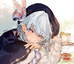 Rule 34 | 1boy, blue bow, blue cape, blue hat, blush, bow, cape, checkerboard cookie, closed mouth, cookie, cup, ensemble stars!, food, half-closed eyes, hat, hat bow, leaning forward, long sleeves, looking at viewer, puffy long sleeves, puffy sleeves, sapphire (nine), shino hajime, shirt, smile, solo, teacup, thumbprint cookie, white shirt