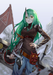 Rule 34 | 1girl, absurdres, arknights, arm ribbon, belt, black shirt, blue pants, breasts, brown belt, brown ribbon, commentary, cowboy shot, flag, green eyes, green hair, grey background, hair between eyes, hand on own hip, highres, holding, horns, hoshiguma (arknights), hoshiguma (ronin huntress) (arknights), jewelry, katana, large breasts, long hair, long sleeves, longyu (17767756), looking at viewer, magatama, magatama necklace, mask, necklace, official alternate costume, oni mask, pants, parted lips, ribbon, shirt, simple background, single horn, smile, smoke, solo, standing, sword, weapon