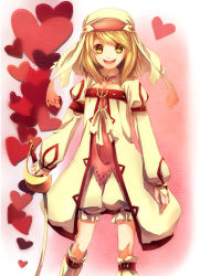Rule 34 | 00s, 1girl, alice (tales), blonde hair, bloomers, boots, coat, hat, heart, heart background, kontore, pink background, rapier, short hair, skirt, smile, solo, sword, tales of (series), tales of symphonia, tales of symphonia: dawn of the new world, underwear, veil, weapon, white bloomers, yellow eyes