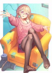 Rule 34 | 1girl, :d, blonde hair, boots, braid, collarbone, couch, fang, feet, fishnets, flower, hair between eyes, hair flower, hair ornament, hairclip, highres, kagawa ichigo, looking at viewer, medium hair, open mouth, original, pantyhose, pink eyes, shoes, unworn shoes, shorts, smile, solo, sweater, tights day, toe cleavage, toes, twin braids